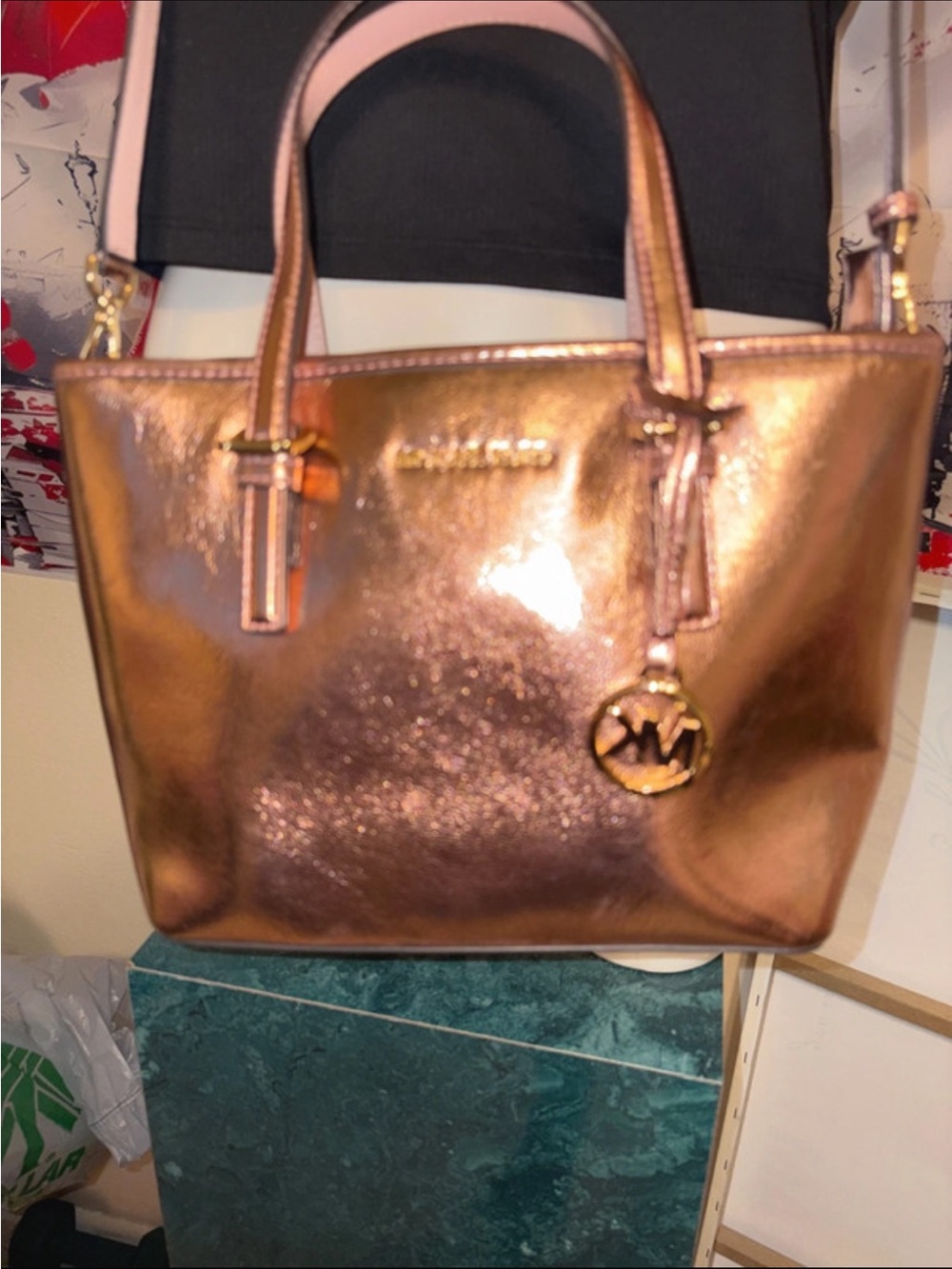 Michael Kors Metallic Copper Tote with Logo Charm
